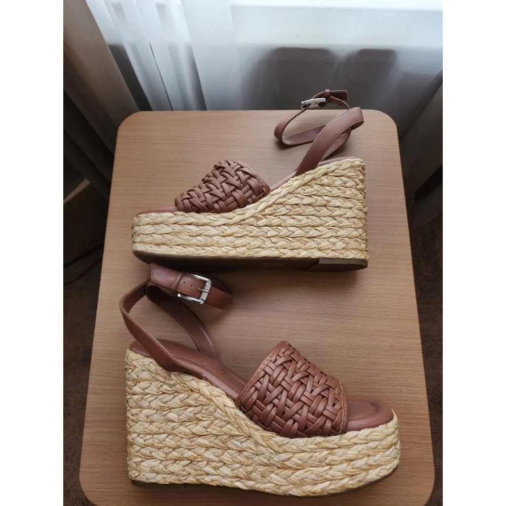Marc Fisher Women Braided Raffia Chunky Platform Sandals 10 M Cognac Brown